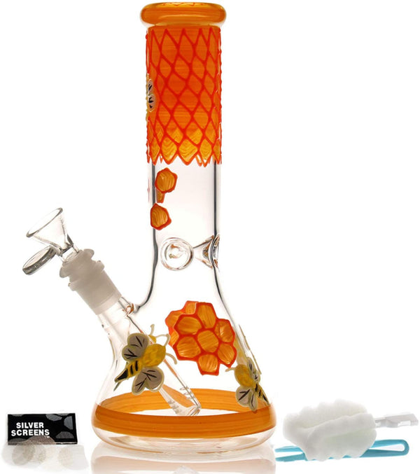 11″ Glass Dab Rigs / Beaker Bong (Bees & Flowers) | Water Bong Pipes - V-Station Store