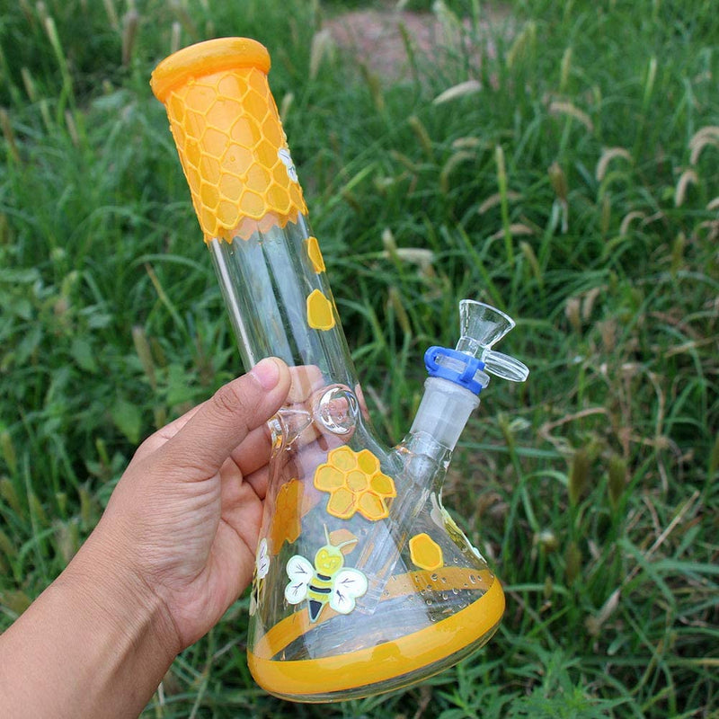 11″ Glass Dab Rigs / Beaker Bong (Bees & Flowers) | Water Bong Pipes - V-Station Store