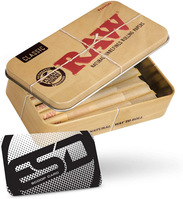 RAW Cones 1-¼ Size 20-PACK + Tin Container + Scoop Card | RAW Pre-Rolled Cones Bundle