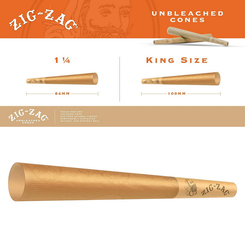 KING Size ZIG-ZAG Cones | Unbleached Pre-Rolled/Rolling Cones W/Tips