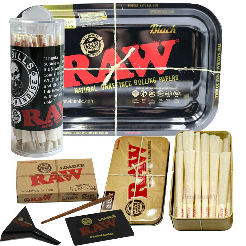 Monthly Smoking & Weed Subscription Box 1-¼ Size RAW Cones Bundle: 50-Pack + Cone Loader + Rolling Tray | RAW Cones